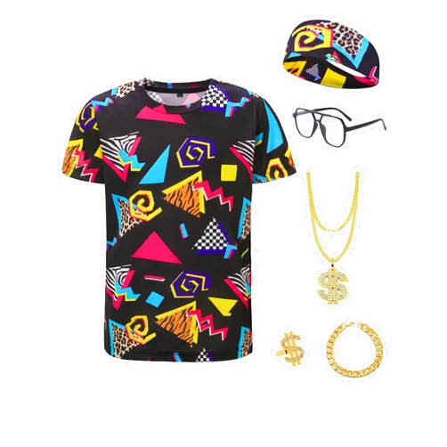 Inrajoper Boys 80s 90s Outfits 6 Pcs Hip Hop Costumes Accessories Kids Colorful T Shirt for Theme Party