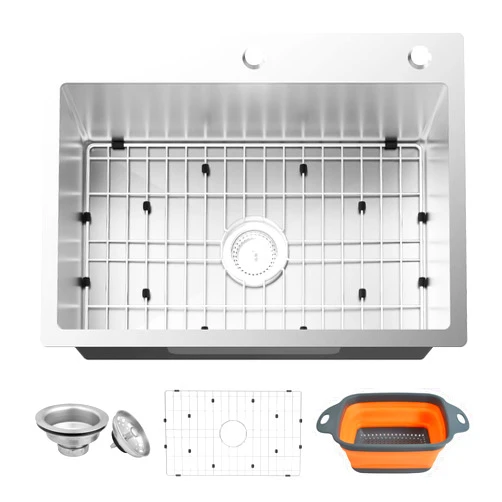 FAUENPEEY Kitchen Sink,25x18 Inch Stainless Steel Drop In Kitchen And Bar Sink Topmount Stylish and Modern Look With Bottom Grid,Drain Basket And Drain Assembly Add Elegance & Enhance Usability