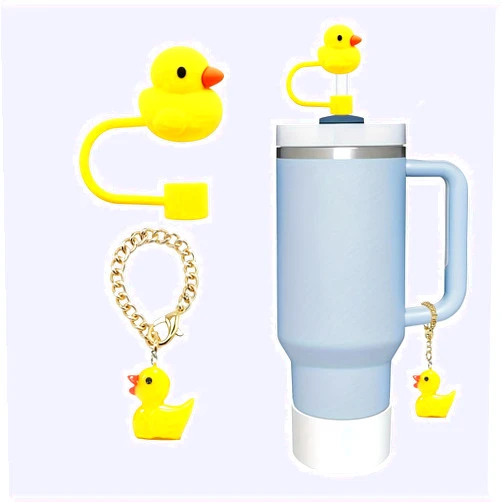 Vrbort Straw Toppers with Cartoon Charms, Duck Charm Chain for Stanley Cup, Reusable Silicone Decoration Caps for 8mm Straws