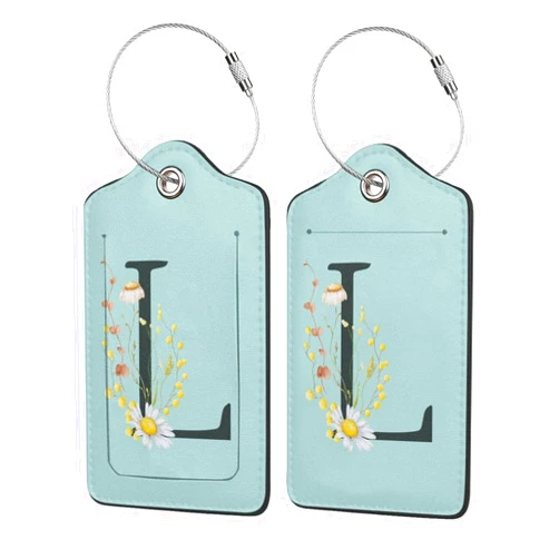 ANNCED 2 Pack Blue Luggage Tag for Suitcase, Black Letter L Boho Flowers Leaves Floral Pu Leather Suitcase Tag with Loop & Privacy Cover Name Id Label for Bags and Backpacks Women Men Baggage Identifiers