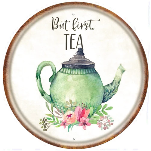 ERTIFOR Vintage Metal Tin Sign Floral Kitchen Teapot But First Tea Tea Sign Teapot Wall Art Sign Flower Decor Relaxing Poster Country Wall Art for Home, Living Room, Kitchen & Bathroom 8X8Inch