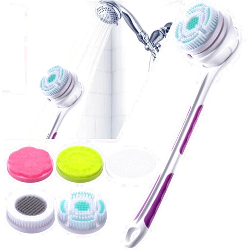 SoulBay Electric Body Brush with 5 Attachments: Rechargeable Back Brush IPX7 Long Handle Exfoliating Spin Scrubber for Shower Bathing Cleansing Wash Deep Cleaning