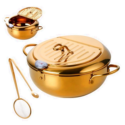 BOOTLION Stainless Steel Deep Fryer for Home, 115Oz Tempura Fryer Pot w/Thermometer and Oil Drip Rack Lid, Japanese Style Deep Frying Pan w/Strainer Clip, for Tempura chips, Fish, and Chicken (Gold)
