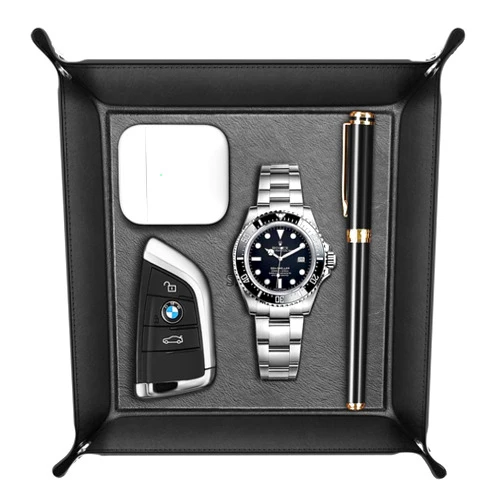 SITHON Valet Tray Desktop Storage Organizer - Multi-Use PU Leather Catchall Tray Bedside Nightstand Caddy Dice Holder for Keys, Phone, Wallet, Coin, Jewelry, Traveling and More, Black