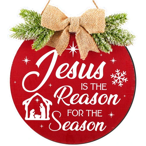 Gerrii Christmas Wreath Wall Sign Front Door Decor Nativity Jesus is The Reason for The Season Wood Sign Round Wooden Hanging Decoration for Christmas Holiday Door Wall Indoor Outdoor, 12 Inch (Snowflake)