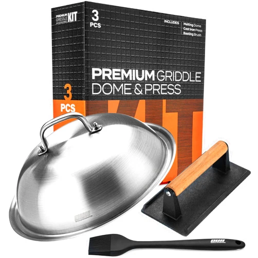 OUII Flat Top Griddle Accessories Set for Blackstone and Camp Chef Griddle - 12 Inch Heavy Duty Round Basting Cover Cheese Melting Dome with Cast Iron Burger Bacon Press & Basting Brush