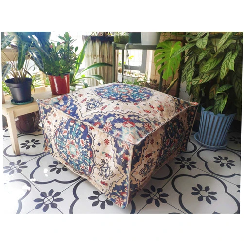 YISSEN RISEON Boho Contemporary Cotton Linen Fabric Pouf Cover Footstool Ottoman Poufs Unstuffed-Square Floor Cushion Footrest Cover for Living Room, Bedroom and Under Desk (Blue)