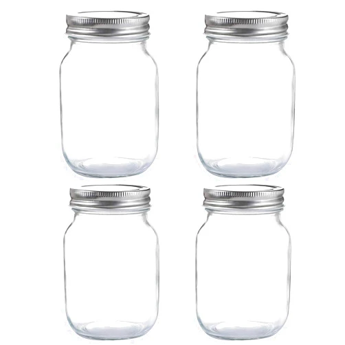 YINGERHUAN Glass Regular Mouth Mason Jars, 16 oz Clear Glass Jars with Silver Metal Lids for Sealing, Canning Jars for Food Storage, Overnight Oats, Dry Food, Snacks, Candies, DIY Projects (4PACK)