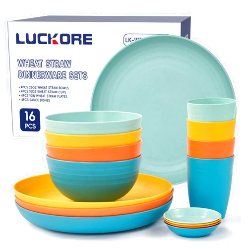Luckore Wheat Straw Dinnerware Sets 16 PCS - Unbreakable Reusable Dinnerware Dishes Dessert Plates, Cereal Bowls, Drinking Cups, Sauce Dishes, Microwave Dishwasher Safe Plates Bowls Sets for Kitchen
