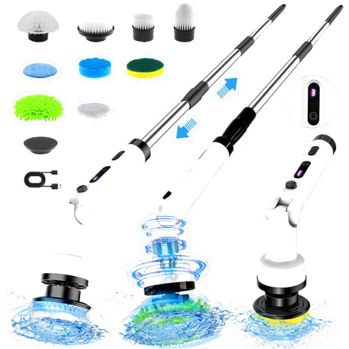 TEMOLA Electric Spin Scrubber, Shower Scrubber with 9 Replaceable Electric Scrubber for Cleaning, Shower Scrubber with Long Handle 360 Power Scrubber 3 Adjustable Speed for Bathroom, Kitchen Cleaning