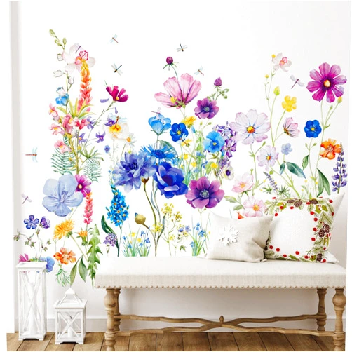 Zonon Flowers Wall Decals Vinyl Dragonflies Flowers Wall Stickers Removable Floral Wall Murals Peel and Stick Colorful Flower Wall Decor for Bedroom Living Room Nursery(Beautiful)