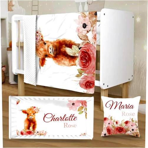 YISMEET Customized Crib Bedding Set, Baby Cattle Set with Name, 3 Pcs Comfort Cattle Crib Set for Newborns Infant, Cozy and Cute Crib Sheet Set