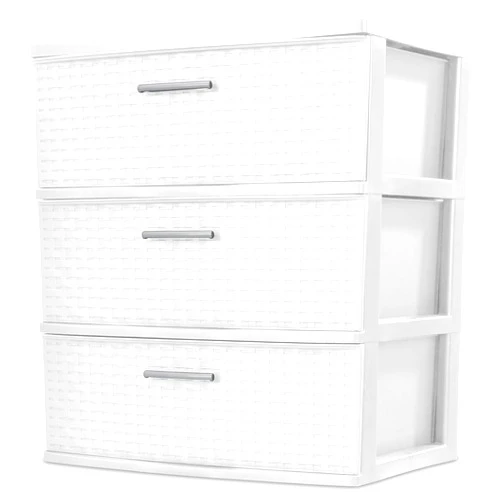 RAKTDA 3 Drawer Wide Plastic Weave Tower with Pull Handles,Decorative Storage Drawers for Bedroom, Closet, Office, White, 1-Pack