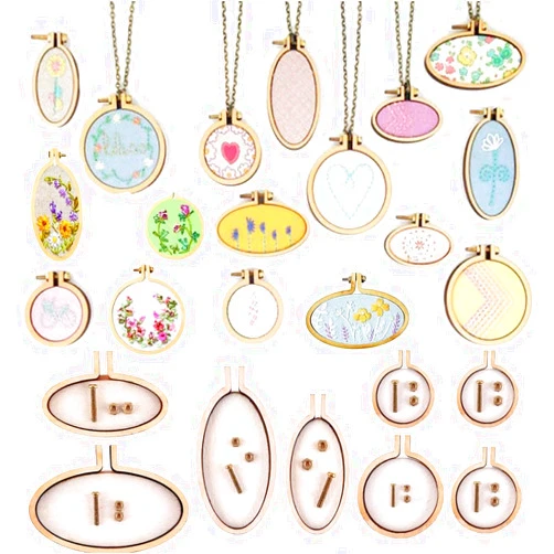 URIMPAVIDO 8PCS Small Ring Embroidery Hoop Wooden Mini Cross Stitch Hoop Mini Round Oval Wood Hoops for Frame Craft and Hanging DIY Embroidery Necklace Pendant Jewelry Keychain Crafts