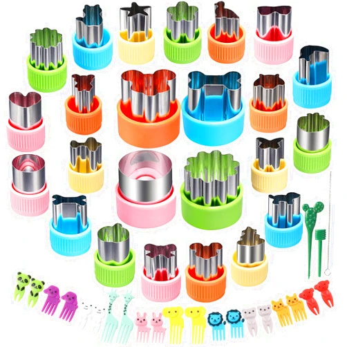 CECIAOAIME 24 pcs Vegetable Cutter Shapes Sets Cookie Cutters Fruit Stamps Mold with 20 pcs Food Picks and Forks for Kids