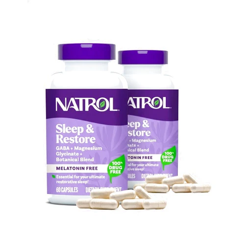 Natrol Sleep & Restore Capsules with Magnesium Glycinate 100mg, GABA, Essential for Your Ultimate Restorative Sleep, Melatonin-Free, 30 Day Supply, 60 Capsules (Pack of 2)