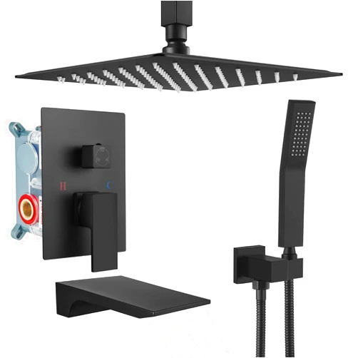 gotonovo Rain Mixer Shower Faucet Set Combo with Waterfall Tub Spout Rain Shower System Ceiling Mount Rainfall Shower Head with Handheld Spray Rough-in Valve and Trim Included Matte Black 12''