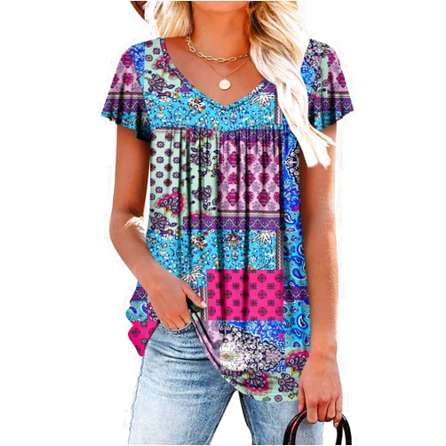 ROSELINLIN Womens Ruffle Sleeve Tunic Tops V Neck Loose Fit Short Sleeve Summer Shirts