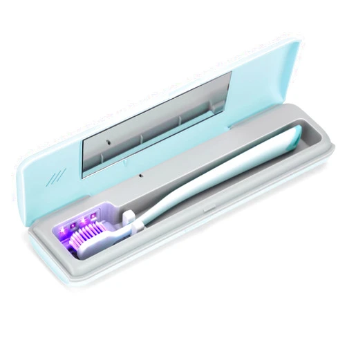 YourMate UVC Toothbrush Sanitizer Case Travel Toothbrush Covers Sterilizer Case for Houshold and Traveling Power by AA Battery or USB-C Cord Blue