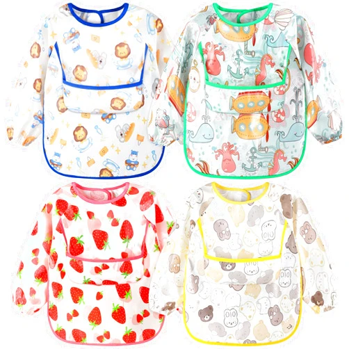 Accmor 4 Pack Long Sleeve Baby Bibs, Waterproof Sleeved Bibs for Eating Feeding, Toddler Baby Girls Boys Smock Bibs