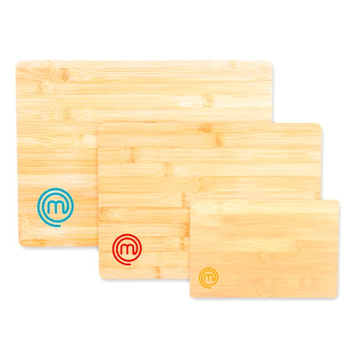 MasterChef Cutting Boards for Kitchen, Bamboo Chopping Board Set of 3, Organic Food Safe Surfaces for Preparing & Serving Meat, Cheese etc, Large, Medium & Small Wooden Boards with Color Coded Logos
