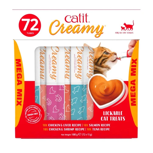 Catit Creamy Lickable Cat Treat, Healthy Cat Treat, 4 Flavours, 72 Tubes, 1080g (72 X 15g)