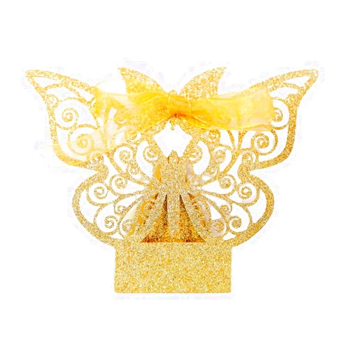 Steedna 50 Pack Glitter Chocolate Candy Box Butterfly Hollow Out Wedding Party Favors Laser Cut Candy Boxes with Ribbons Party Favors Ideal for Weddings, Birthdays & Anniversaries (Glitter Gold)