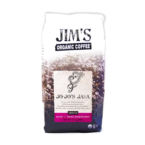 Jim's Organic Coffee Jim’s Organic Coffee – Jo-Jo’s Java Blend – Medium/Light Roast, Ground Coffee, 12 oz Bag