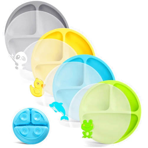 VITEVER 4 Pack Suction Plates with Lids for Baby & Toddler, 100% Food-Grade Silicone, Divided Design, Microwave & Dishwasher Safe