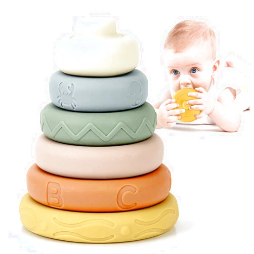 BOBXIN Stacking & Nesting Rings Toy, Soft Circle Stacker, 6 pcs Building Stacker,Teethers for Baby, Squeeze Play with Letter, Animal and Graphic, Toddler Learning Toys for 6 Month Old Boys Girls