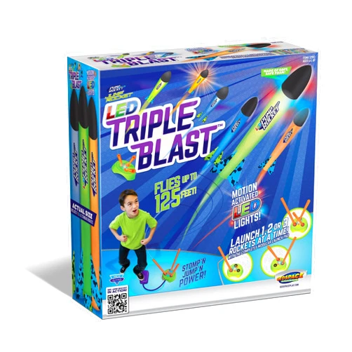 Geospace Jump Rocket Triple Blast with Launch Pad and 3 Foam Light-Up Rockets; Great for Glow in The Dark Outdoor Play