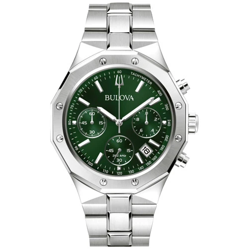 Bulova Men's Classic 6-Hand Chronograph High Performance Quartz Silver Stainless Steel Watch, Green Dial,Geometric Bezel 24 Hour Time, 44mm, Style:96B409