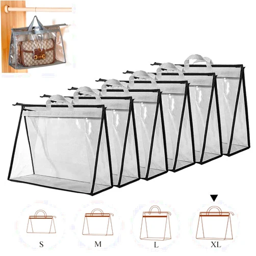 fazhongfa 6PCS Dust Bags for Handbags Clear Purse Storage Organizer Non-Woven Hanging Bag Closet with Zipper and Handle (XL Light Grey)