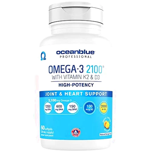 Oceanblue Professional Omega-3 2100 with Vitamin K2 and Vitamin D3-60 Count - Triple Strength Burpless Fish Oil Omega-3 Supplement with EPA, DHA & DPA - Wild Caught - Orange Flavor, 30 Servings