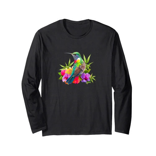 Birding and Bird Lovers Apparel Decor Accessories Backyard Bird Watchers Birder Birding Flowers Hummingbird Long Sleeve T-Shirt