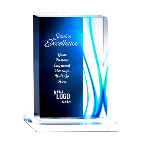 Baudville Engraved Trophy - Blue Acrylic - Rectangular Shaped - Colored Streak Accents - Personalized Engraving - Award for Employees