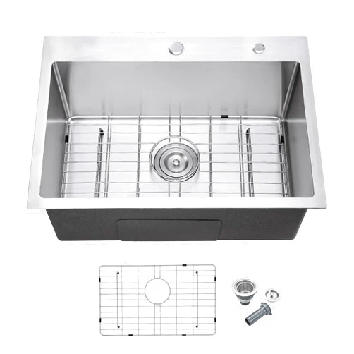 MENATT 25 Inch Drop in Kitchen Sink Brushed, 18 Gauge Stainless Steel 2 Holes Single Bowl Topmount Kitchen Sinks with Drain Assembly & Grid, D25