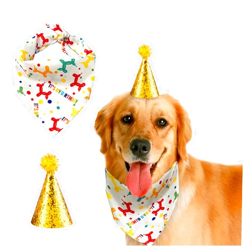 VUKWOO Dog Birthday Hat and Dog Birthday Bandana for Boy/Girl Dog Party Hat Scarf for Small Medium Large Dog Pet Dog Birthday Party Supplies(Gold)
