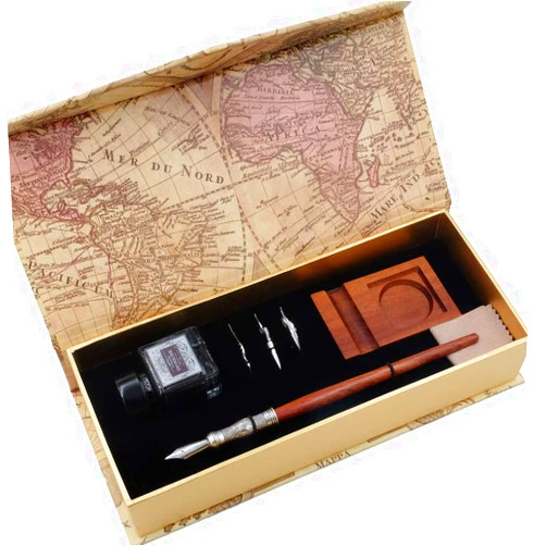GC WRITING QUILL GC Antique Wooden Stem Pen Handcrafted Calligraphy Pen Set Dip Nib Pens-Writing Case With Black Ink Pen Wooden Holder Cartridges LL-182