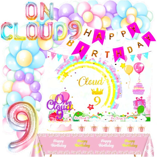 Miruwtog 9th Birthday Decorations Girl,On Cloud 9 Birthday Decorations for Girls,On Cloud 9 Balloons,Happy 9th Birthday Decorations,Rainbow Cloud Balloon for 9th Birthday