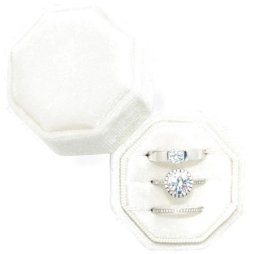 Beatilog Velvet Ring Box 3 Slots - Octagon Premium Handmade Three Rings Slot Bearer Storage for Wedding Ceremony, Proposal, Engagement, Photography (Ivory)