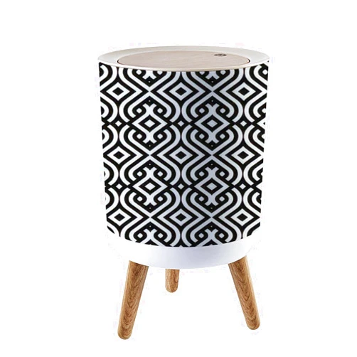 SHL96PZGX Small Trash Can with Lid Abstract Vintage Geometric Seamless Waste Bin with Wood Legs Press Cover Wastebasket Round Garbage Bin for Kitchen Bathroom Bedroom Office