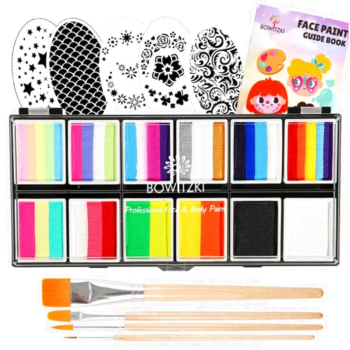 Bowitzki Face Paint 12x10 gm Professional Body Painting Kit For Kids Adults Stencil One Stroke Split Cake Non Toxic Rainbow Flora Dolphin Unicorn Flame Makeup Halloween Christmas Easter - Bright Set