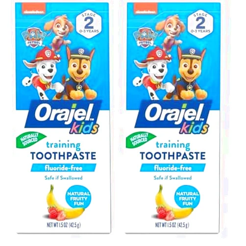 Orajel Kids Paw Patrol Fluoride-Free Training Toothpaste, Natural Fruity Fun Flavor, 1 Pediatrician Recommended, 1.5oz Tube (Pack of 2)