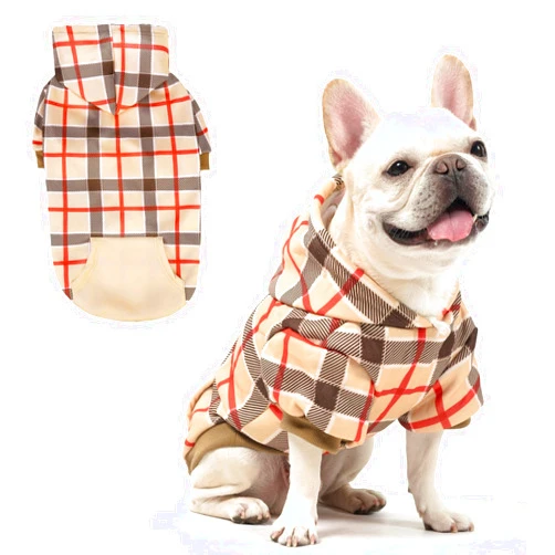 KOOLTAIL Plaid Dog Hoodie for Small Medium Large Dogs - Pet Clothes Sweater with Hat and Pocket for Cold Weather Winter, Warm Soft Dog Hooded Sweatshirt Coat Outfit for Puppy Cats Girls Boys Beige SM