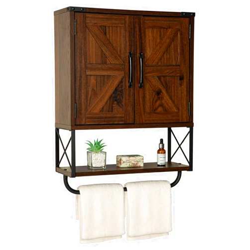 RUSTOWN Farmhouse Medicine Cabinet with 2 Barn Door,Wood Wall Mounted Storage Cabinet with Adjustable Shelf and Towel Bar, 3-Tier Bathroom Cabinet for Bathroom, Living Room(Dark Walnut, Medium)