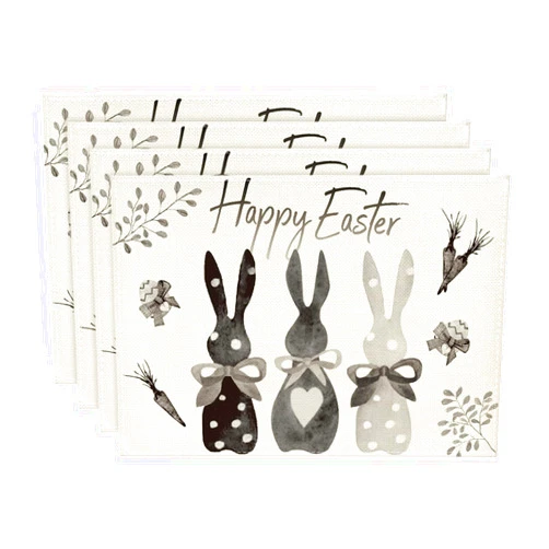 Artoid Mode Black Grey White Rabbit Bunny Happy Easter Placemats Set of 4, 12x18 Inch Seasonal Spring Table Mats for Party Kitchen Dining Decoration