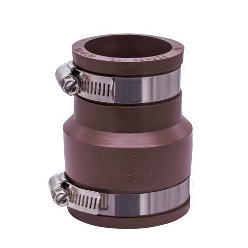 Fernco 1056-215 Reducing 2-in. x 1-1/2-in. Flexible PVC Pipe Coupling for Cast Iron and Plastic Plumbing Connections in Brown