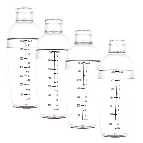 Cedilis 4 Pack Plastic Shaker Cocktail, 700cc / 24 oz Bar Tool for Milk Wine Mixing, Hand Drink Mixer with Scales, Clear Boba Tea Shaker Cup