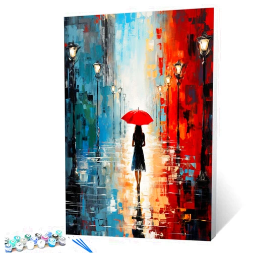 TUMOVO Fashion Girl Under Red Umbrella Paint by Numbers Kits with Brushes and Acrylic Pigment Graffitic Oil Painting for Adults, Lively Street Arts Crafts Project Home Decor Gifts 16''x20''( Framedless)